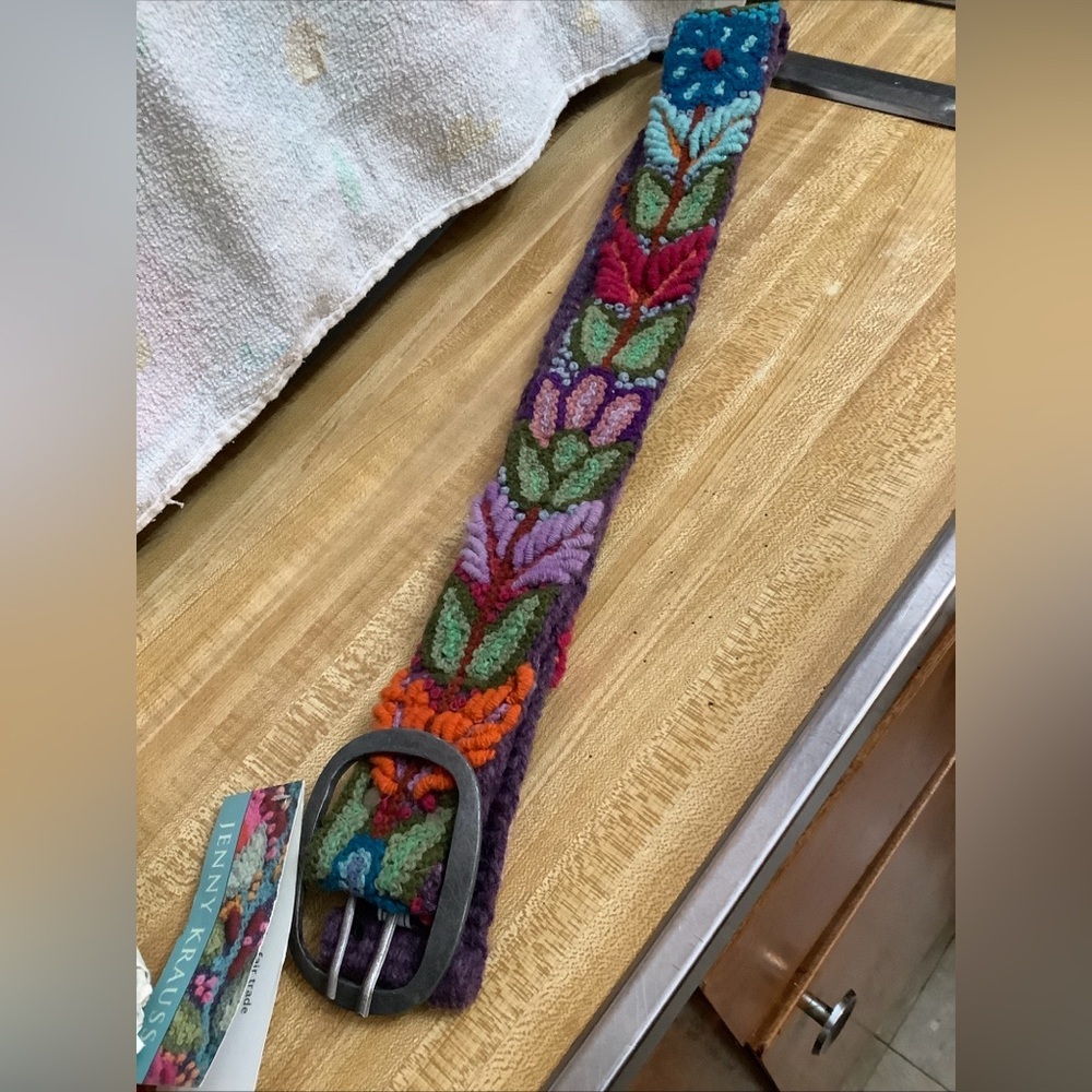 Jenny Krauss Boho Floral Densely Embroidered Blooms Wool Belt Handmade Peru Sz S - Picture 14 of 16